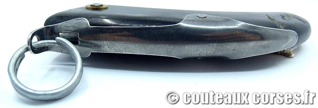 ​Couteau corse à cran d'arrêt king size avec anneau acier carbone et corne de bouc incrustation tête de sanglier argent-7