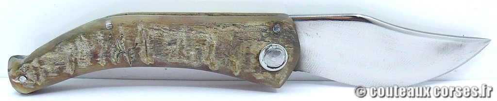 Couteau artisanal corse, A Vellutini cb2 Curnicciolu lame acier carbone 3.0 mm manche bélier 6