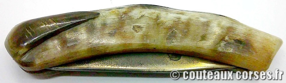Couteau artisanal corse, A Vellutini cc3 Curnicciolu à blocage de lame inox trempe douce 3.0 mm et corne bélier, cuir et nacre-IUEPL602-8