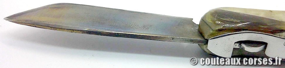 Couteau artisanal corse, A Vellutini 6 cc Curnicciolu à blocage de lame inox trempe douce 3.0 mm et corne bélier, cuir et nacre-IUEPL602-52