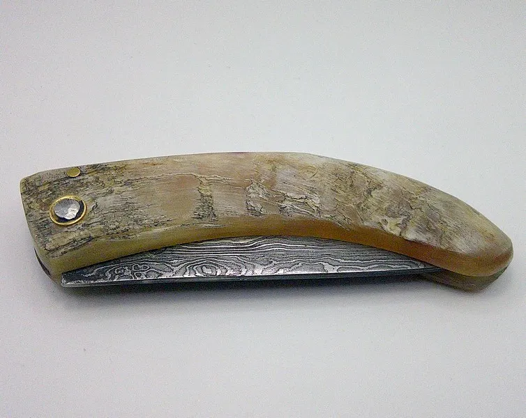 Couteau pliant Padovani fermé, profil gauche du manche monobloc en corne couteau-corse-padovani-corne-belier-damas-carbone-ferme-gauche.webp