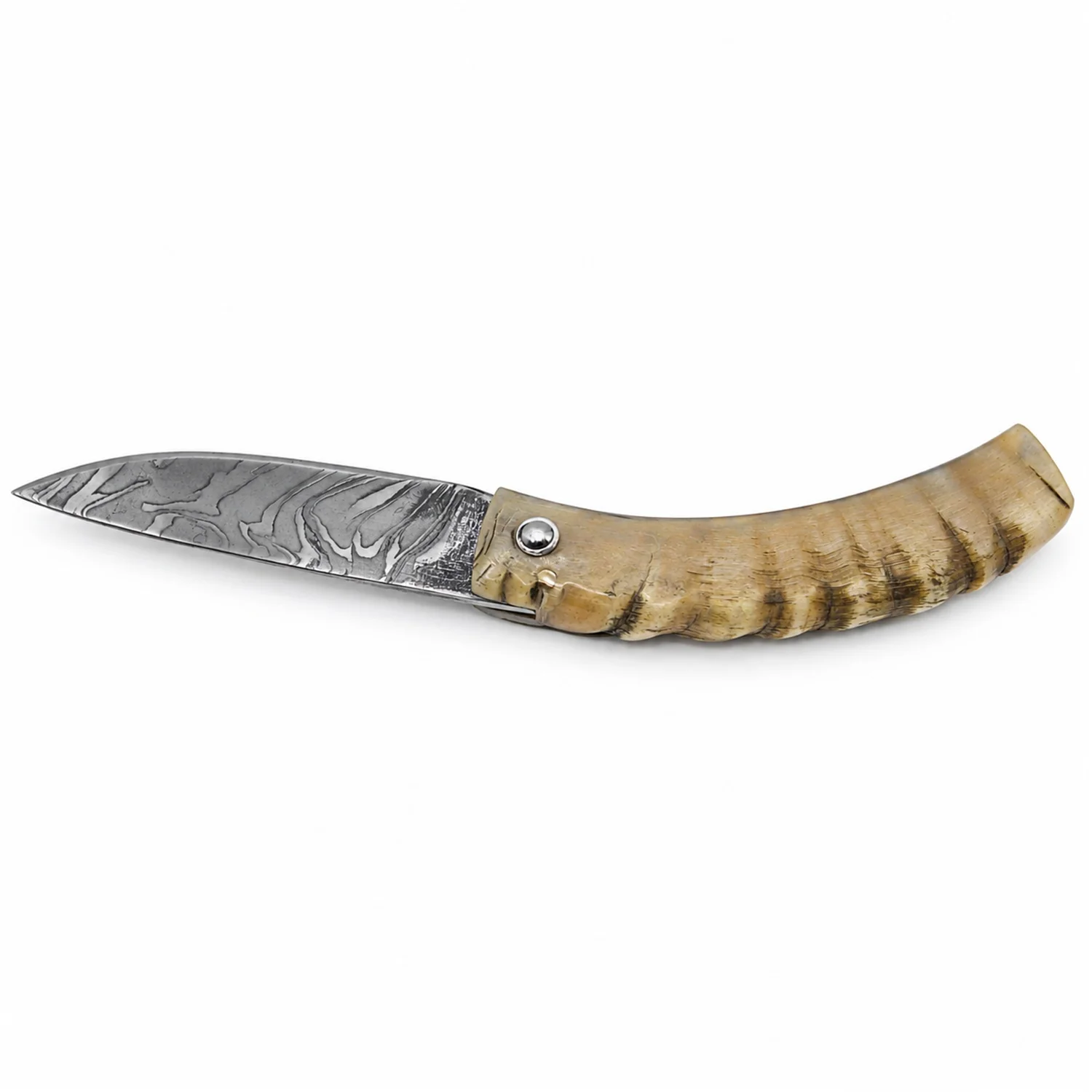 Coltello corso artigianale Manu Padovani – damasco e corno di pecora, 98 mm