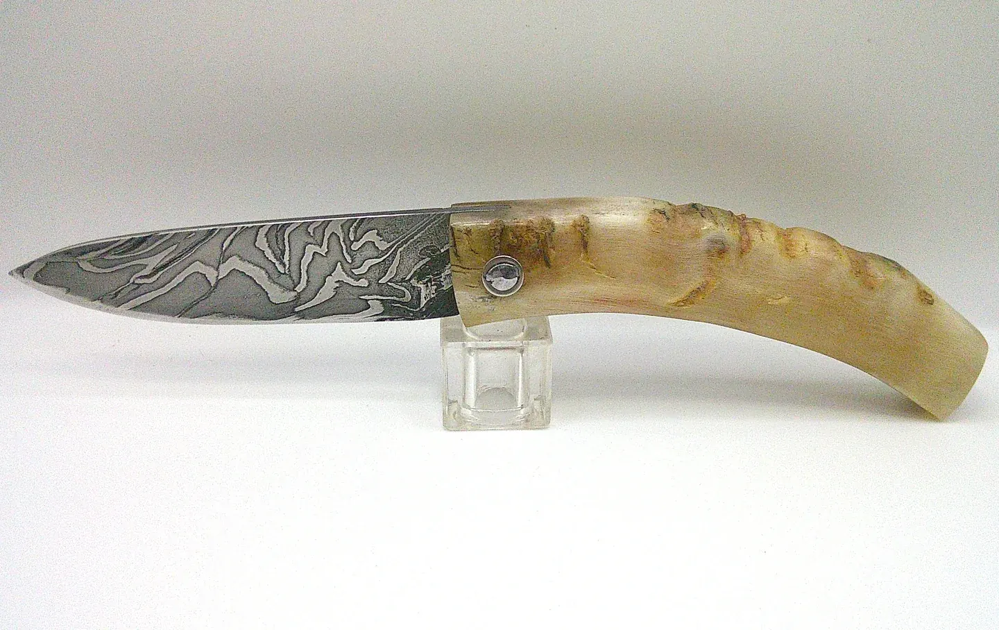 Couteau corse authentique Curnichjiolu Manu Padovani ouvert, profil de la lame en acier damas et du manche en corne de bélier blonde.