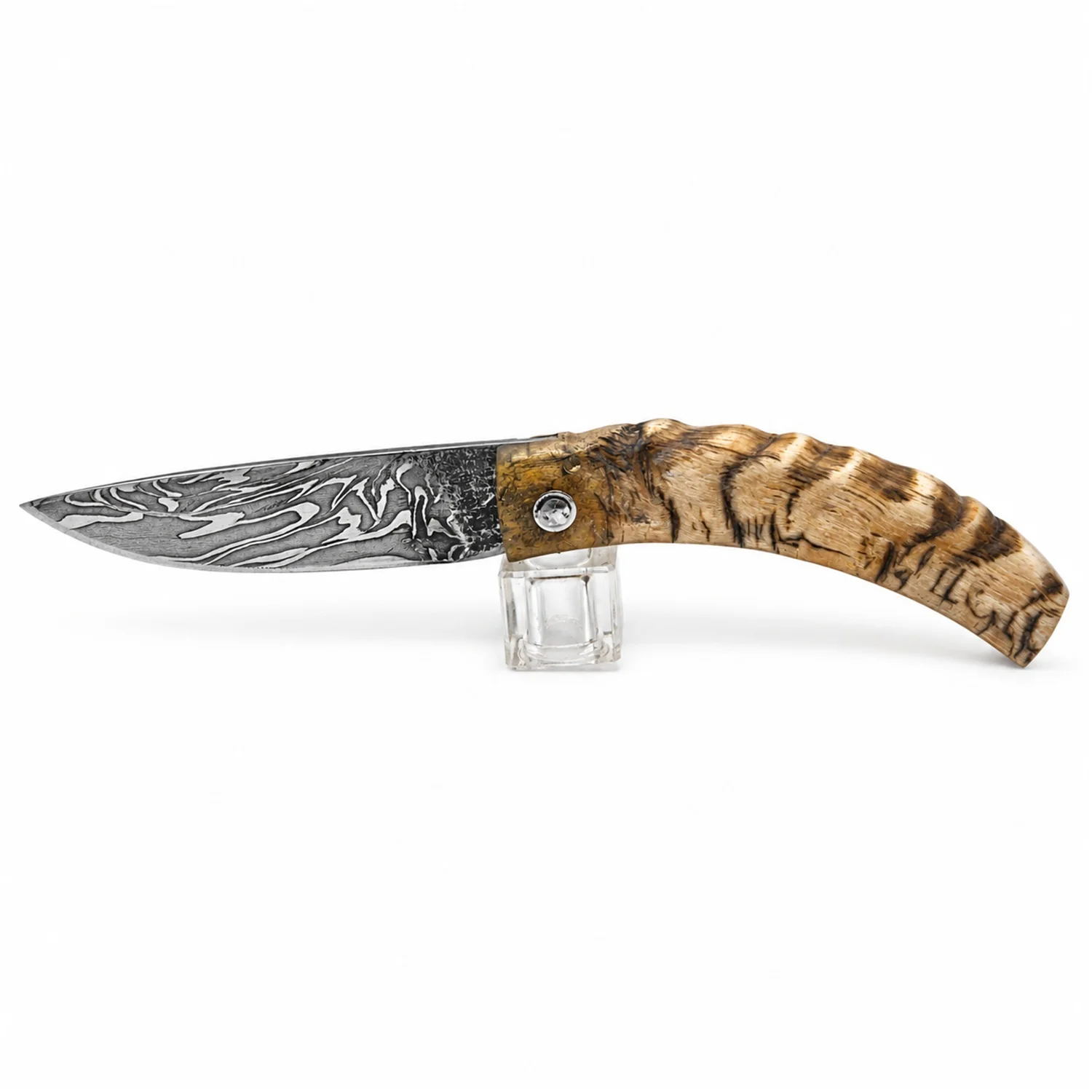 Coltello corso artigianale Manu Padovani – damasco e corno di pecora, 98 mm