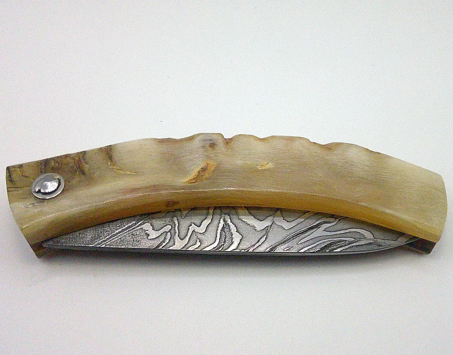 Véritable couteau corse artisanal Curnichjiolu fermé, manche en corne de bélier blonde et motifs damassés de la lame repliée.