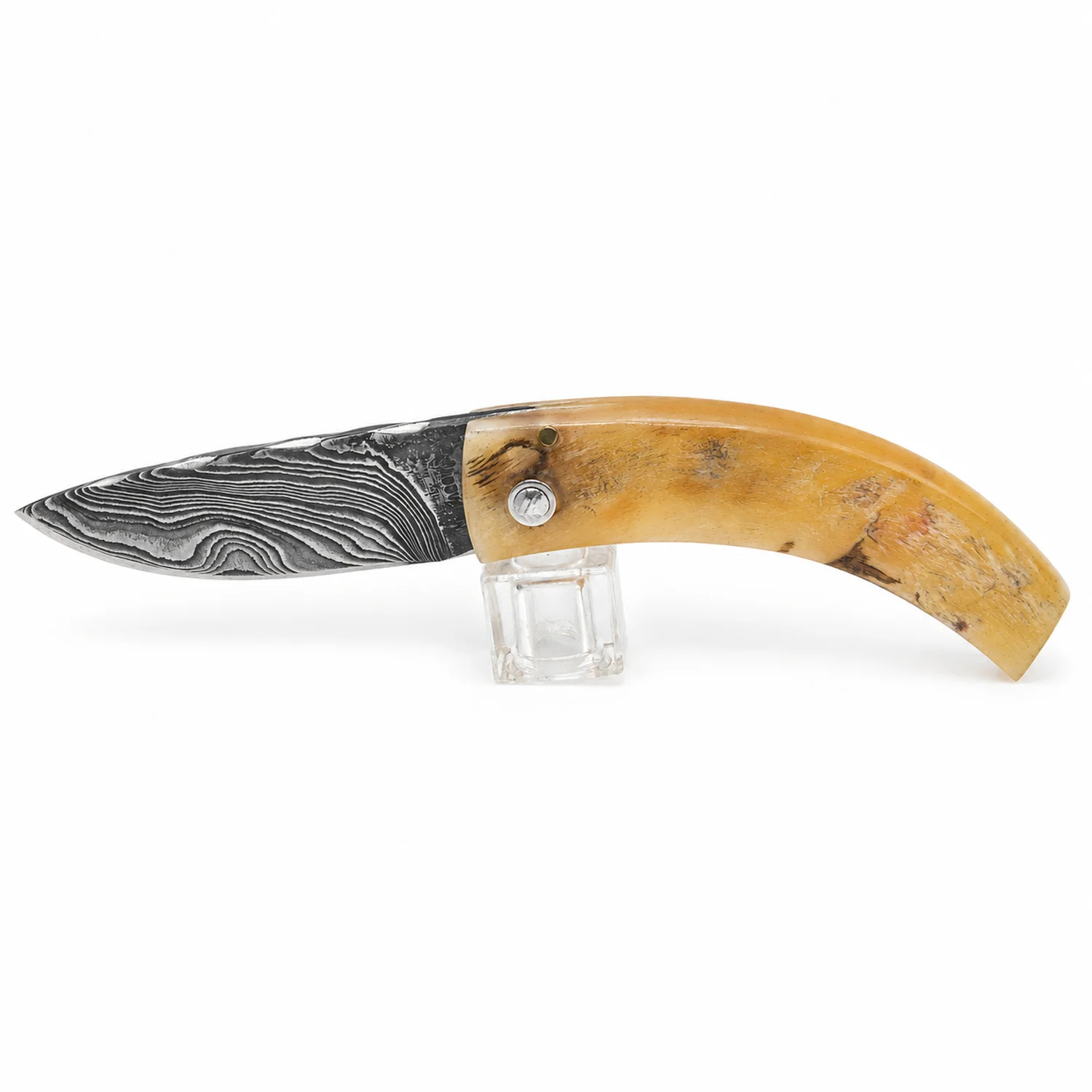 Handcrafted Corsican knife by Manu Padovani – Damascus and translucent horn, 86 mm