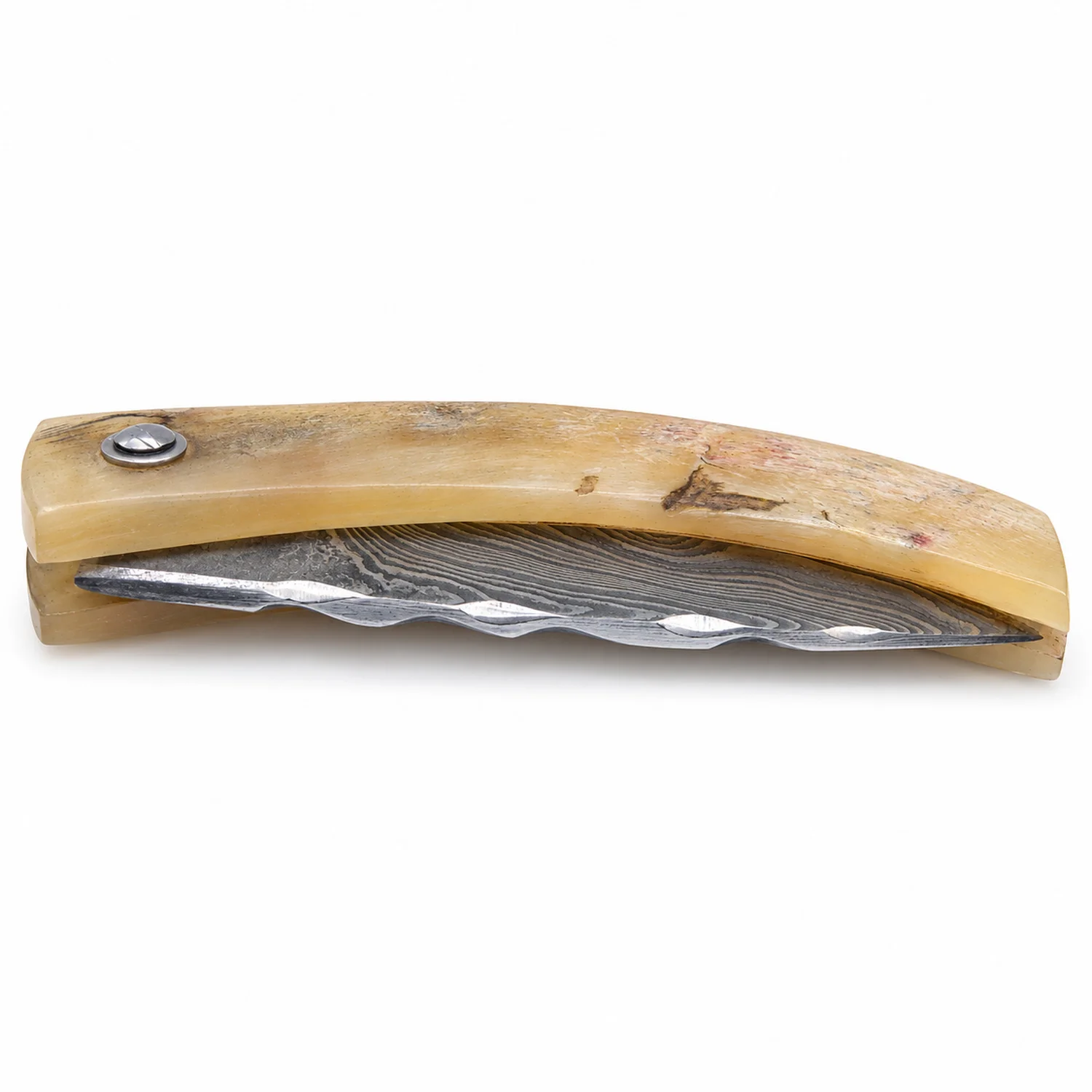 Handcrafted Corsican knife by Manu Padovani – Damascus and translucent horn, 86 mm