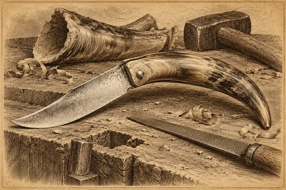 Illustration of old engraving style depicting a Corsican folding knife to handle curved in horn, on an established knifemaker.