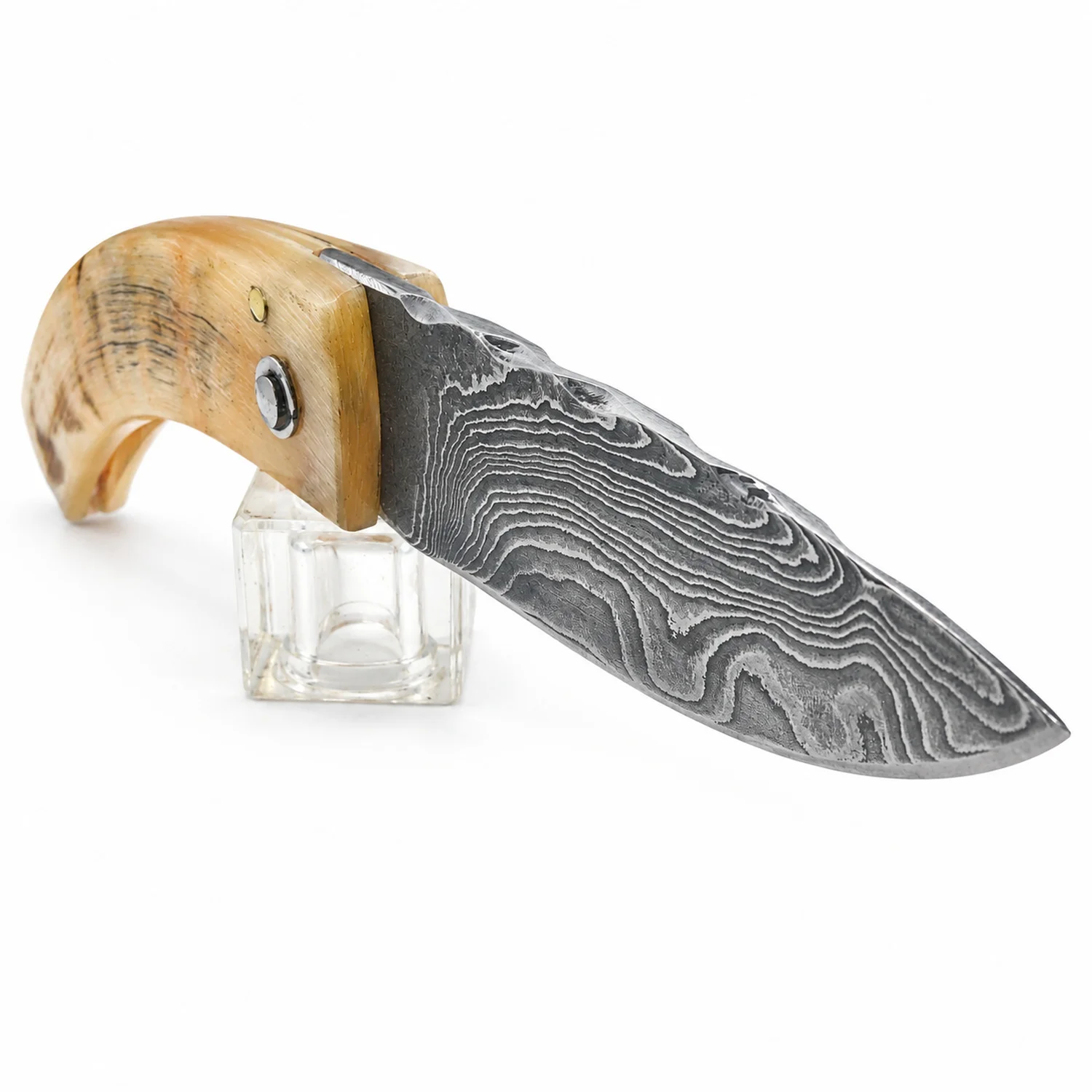Handcrafted Corsican knife by Manu Padovani – Damascus and translucent horn, 86 mm