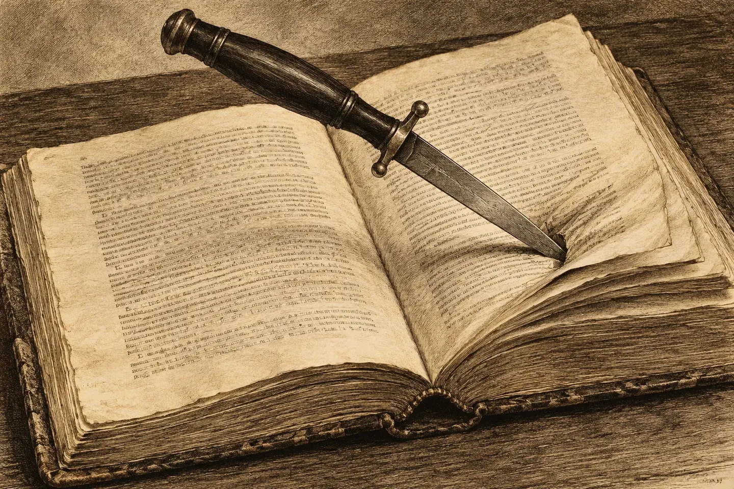 Un'antica illustrazione seppia che mostra un corsetto stiletto piantato diagonalmente nelle pagine di un libro aperto.