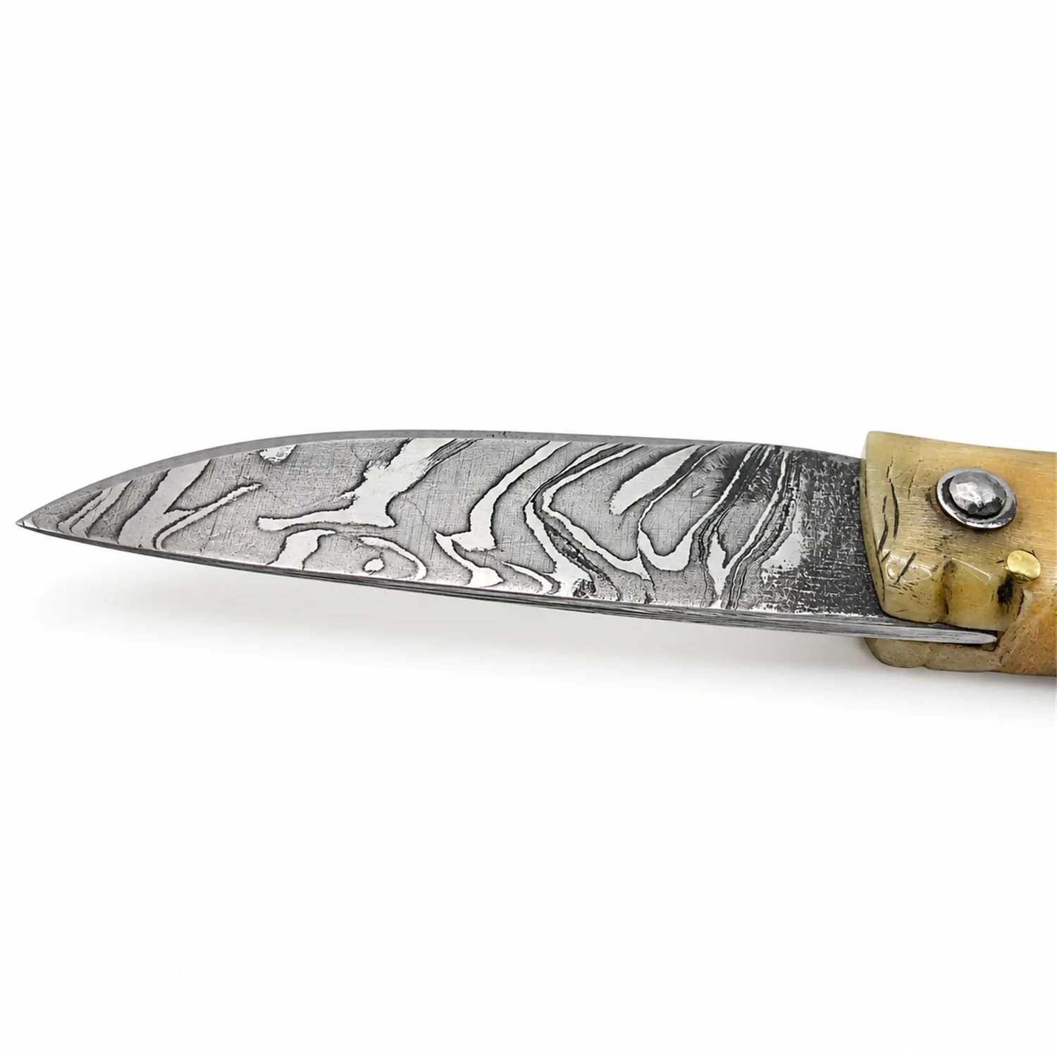 Coltello corso artigianale Manu Padovani – damasco e corno di pecora, 98 mm