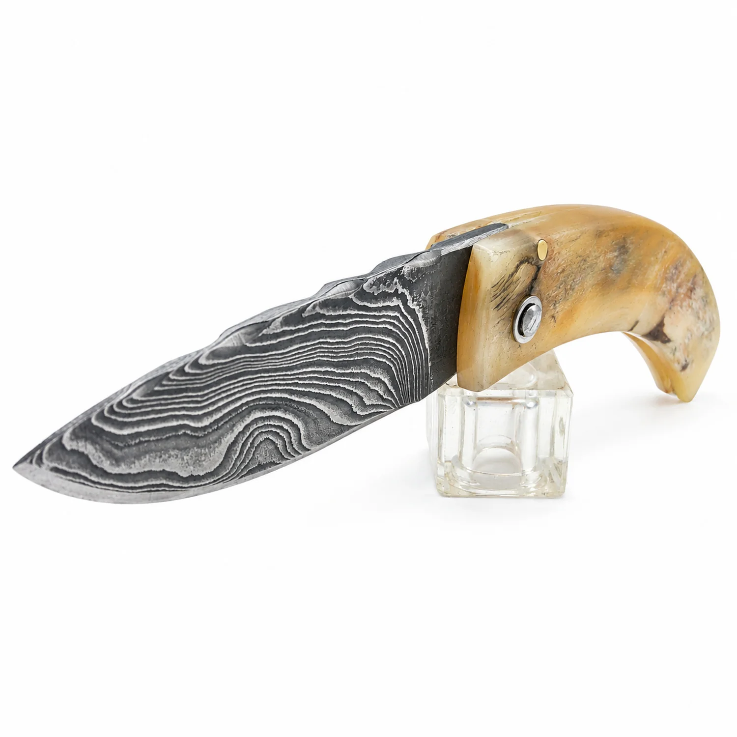 Handcrafted Corsican knife by Manu Padovani – Damascus and translucent horn, 86 mm