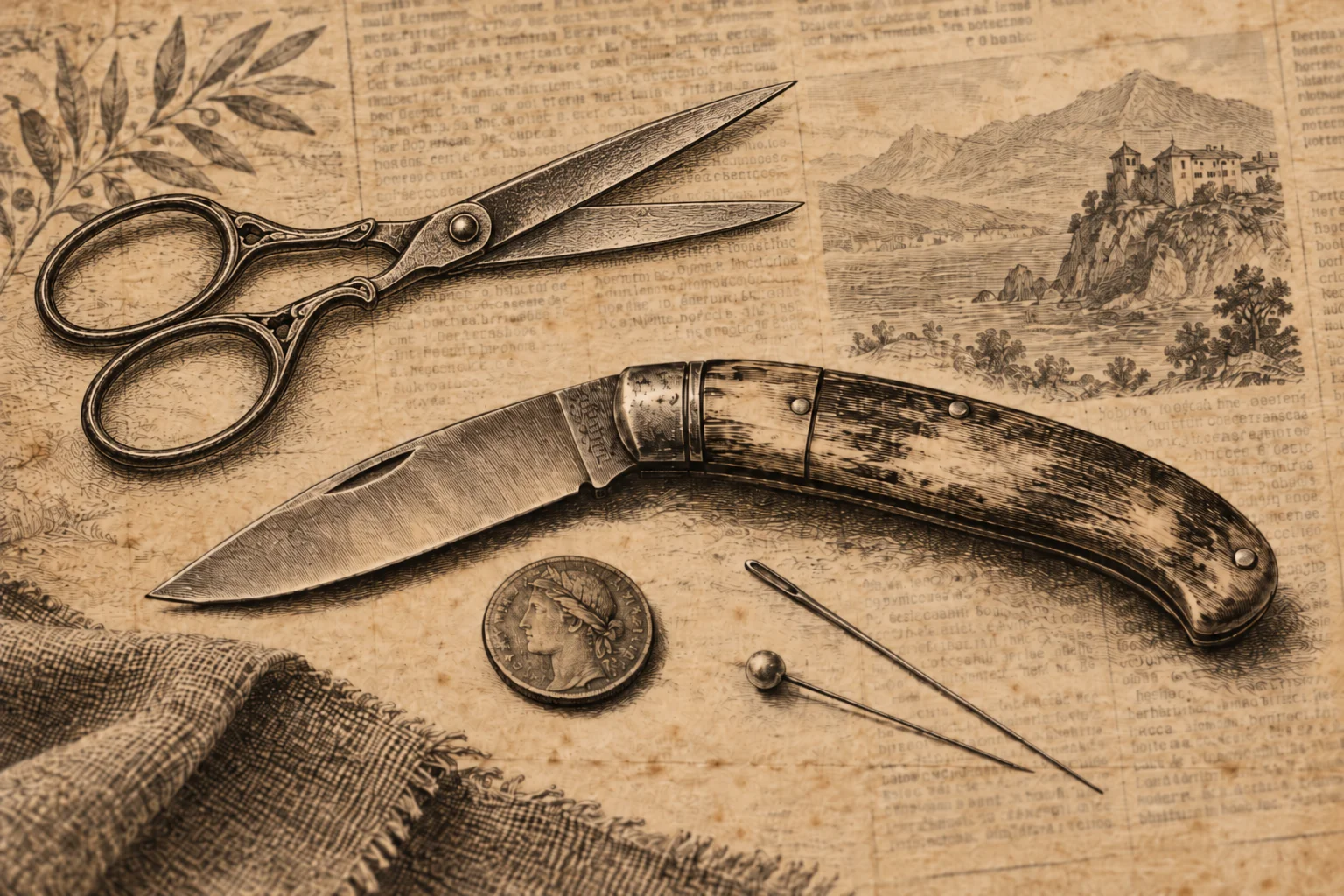Un'antica illustrazione seppia di un coltello da corsa pieghevole, una moneta, forbici e aghi, simboli di una superstizione popolare.