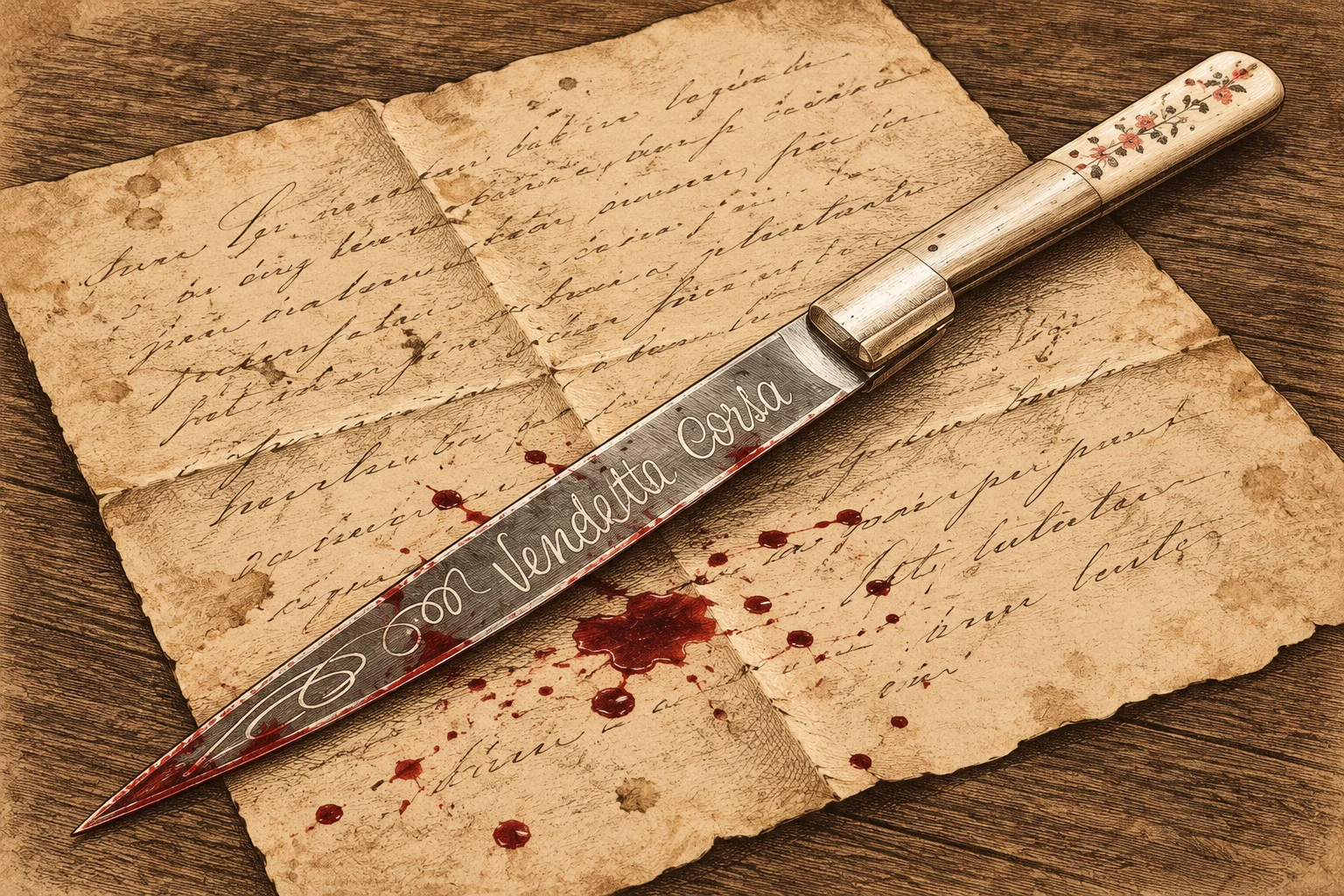 Illustration sépia d’un couteau portant l’inscription « Vendetta Corsa », posé sur une lettre manuscrite, avec des taches de sang sur la lame et le papier.