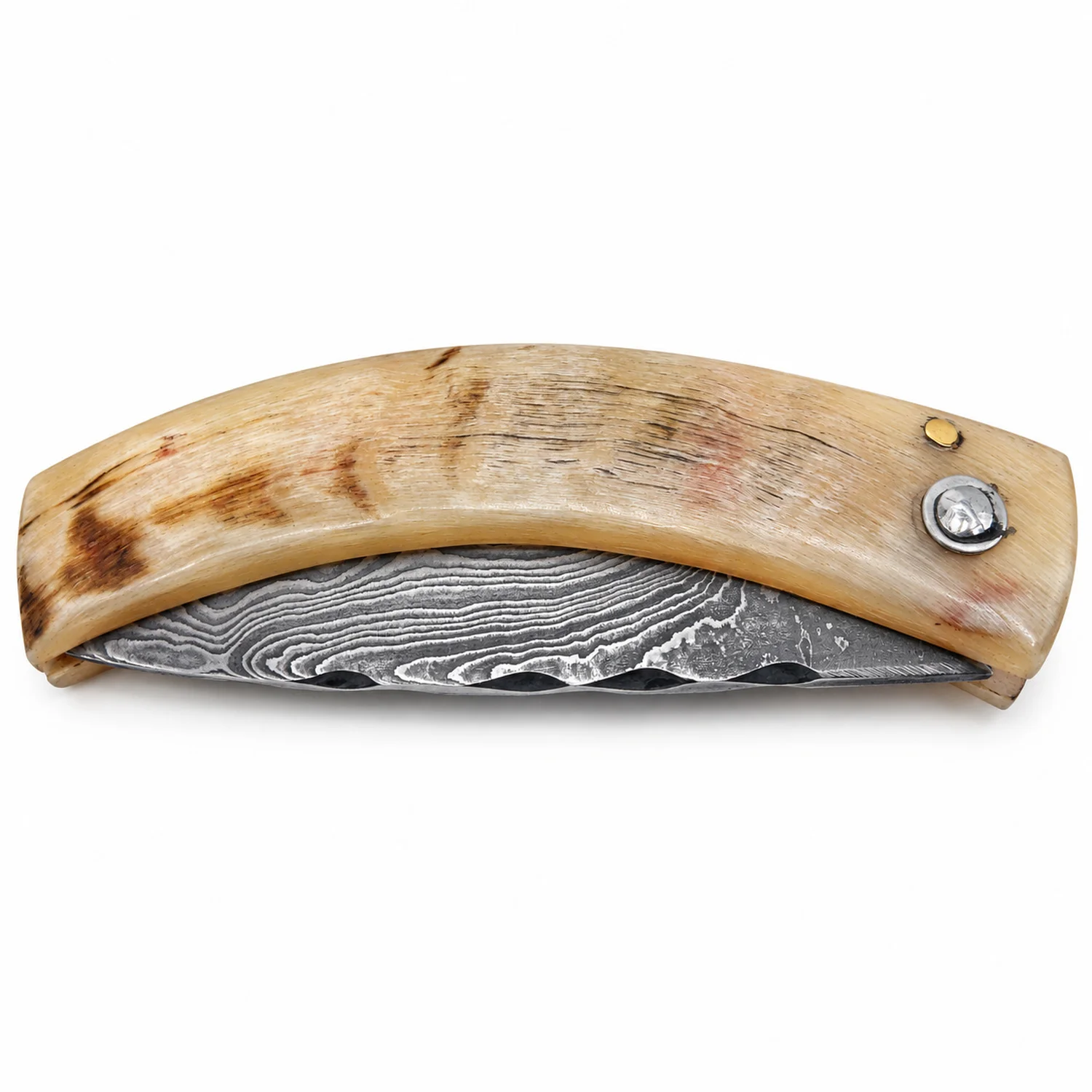 Handcrafted Corsican knife by Manu Padovani – Damascus and translucent horn, 86 mm