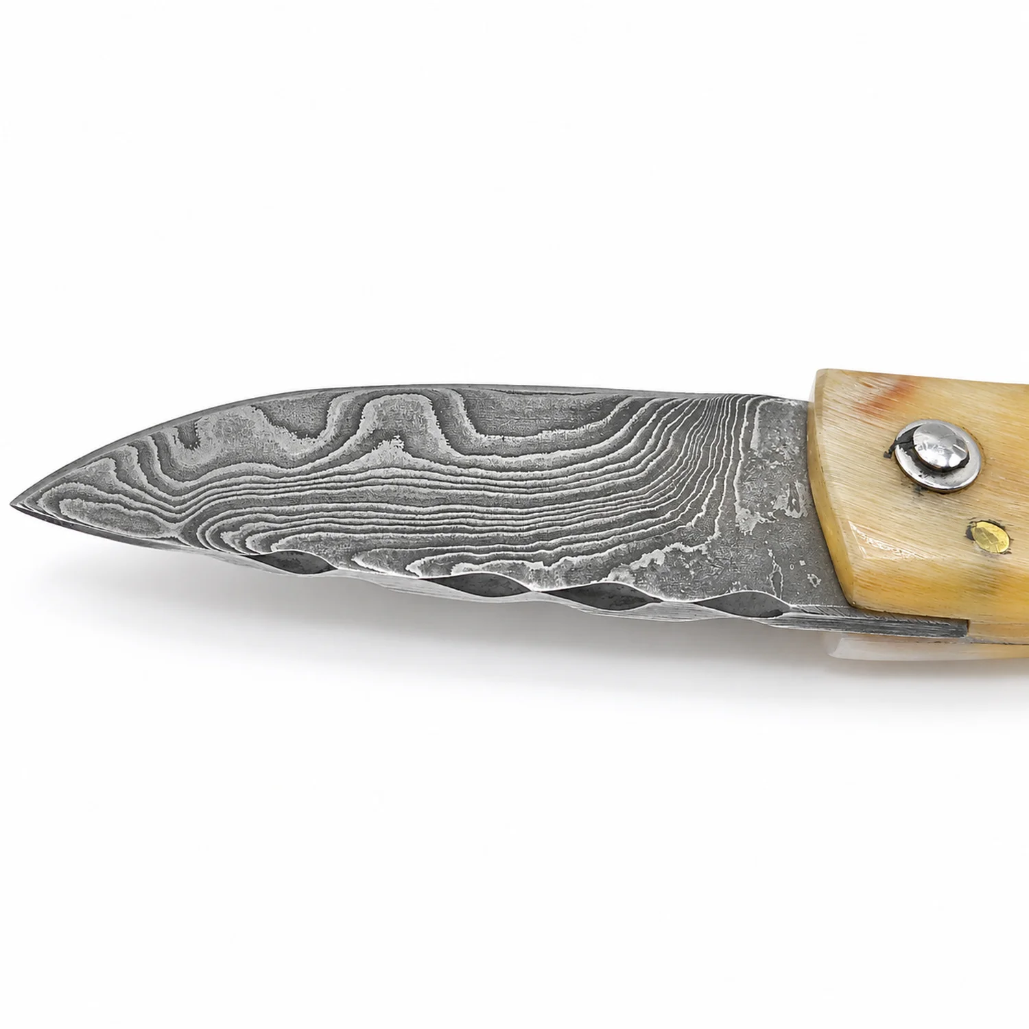 Handcrafted Corsican knife by Manu Padovani – Damascus and translucent horn, 86 mm