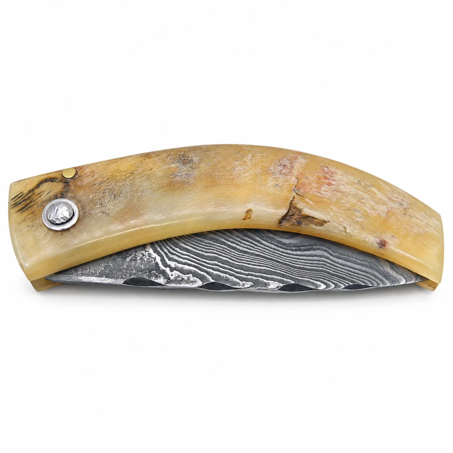 Handcrafted Corsican knife by Manu Padovani – Damascus and translucent horn, 86 mm