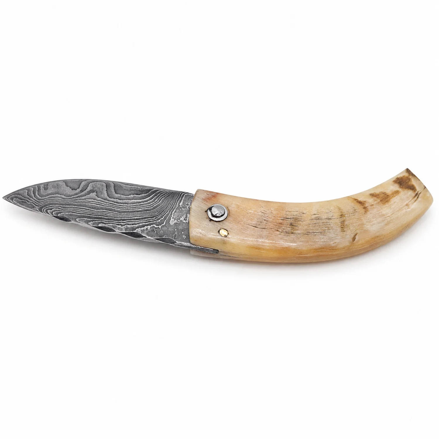 Handcrafted Corsican knife by Manu Padovani – Damascus and translucent horn, 86 mm