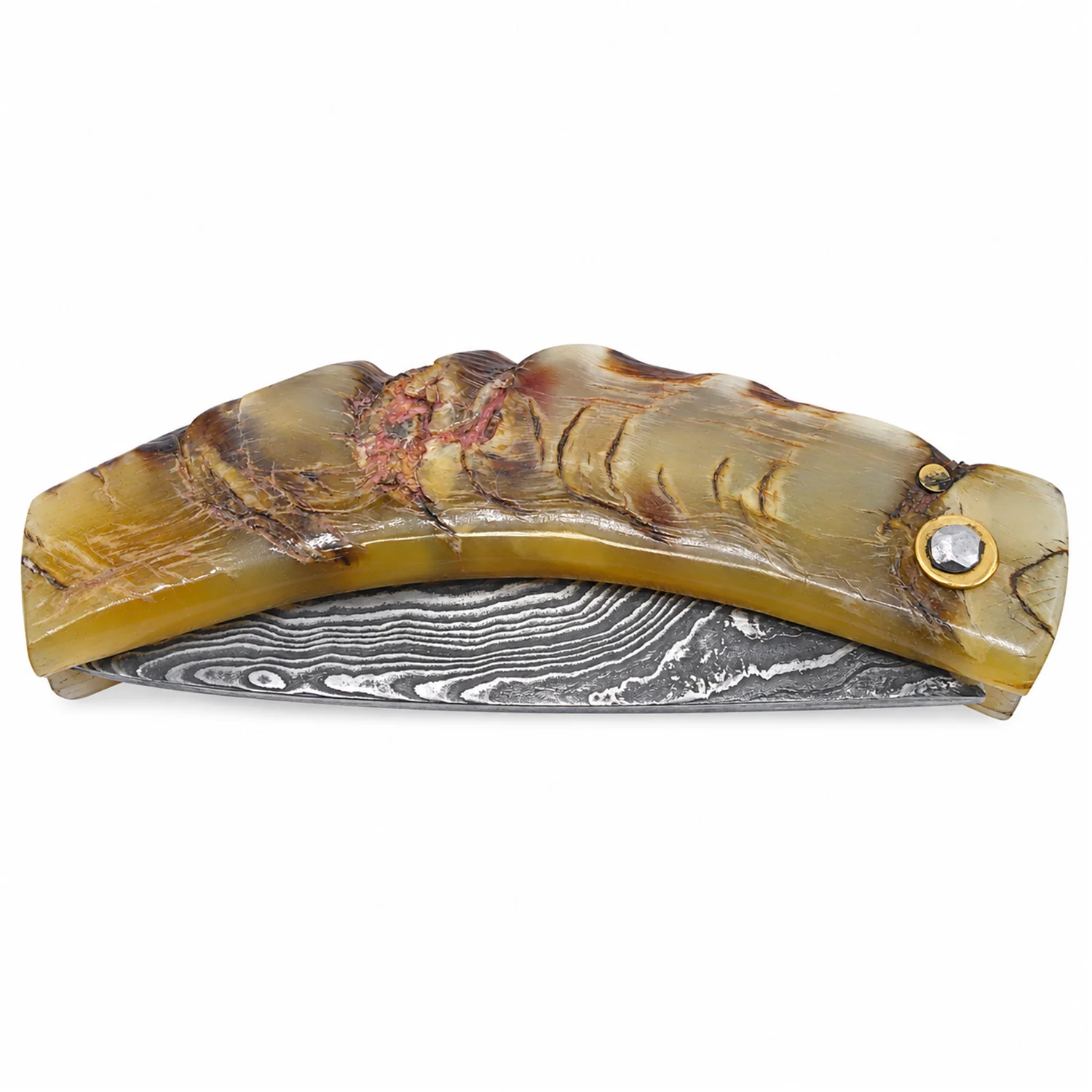 Handcrafted Corsican knife by Manu Padovani – Damascus and raw tricolour horn