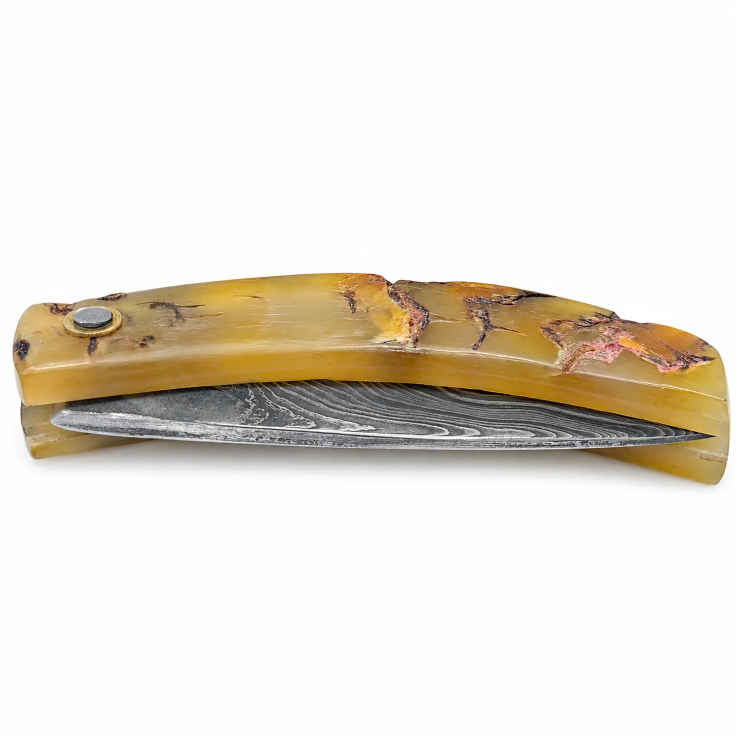 Handcrafted Corsican knife by Manu Padovani – Damascus and raw tricolour horn