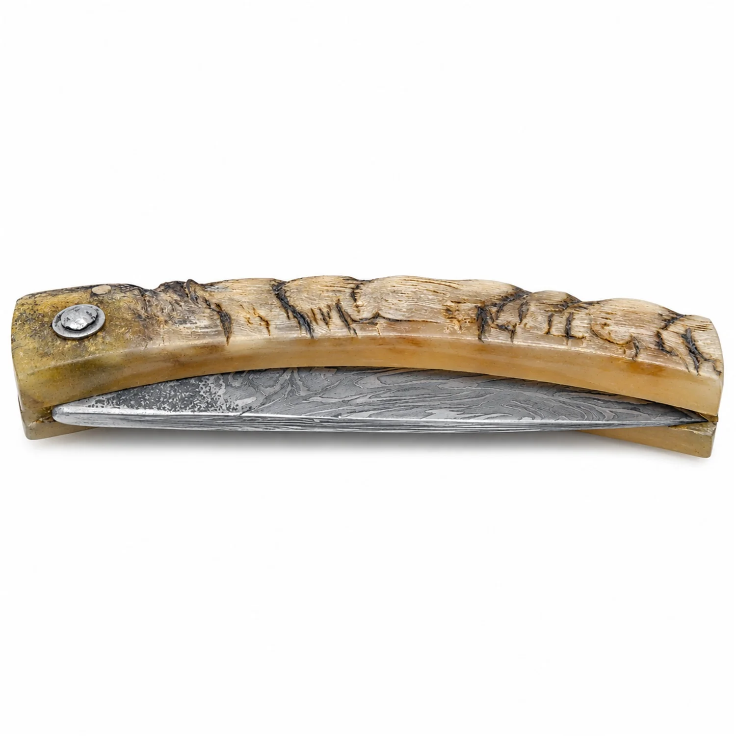 Coltello corso artigianale Manu Padovani – damasco e corno di pecora, 98 mm