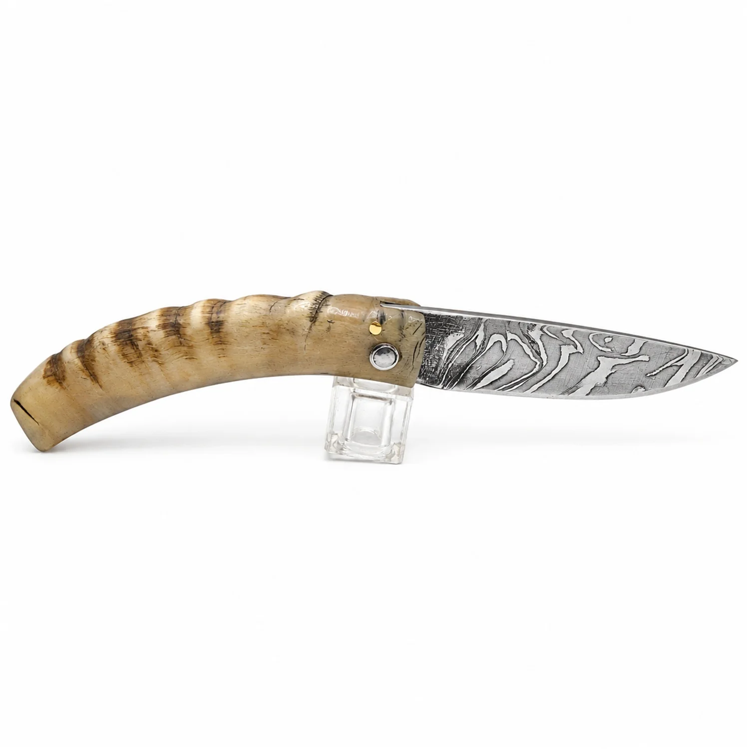Coltello corso artigianale Manu Padovani – damasco e corno di pecora, 98 mm