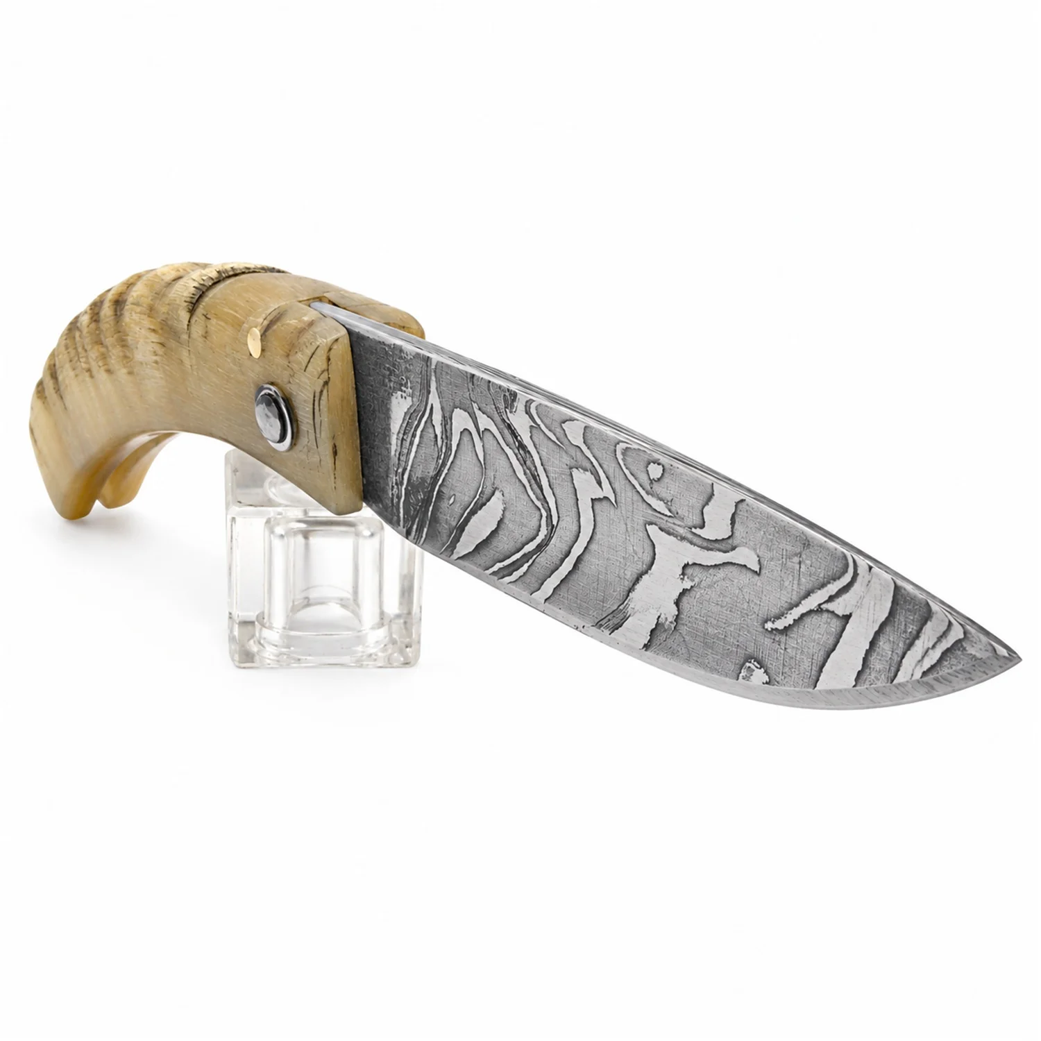 Coltello corso artigianale Manu Padovani – damasco e corno di pecora, 98 mm