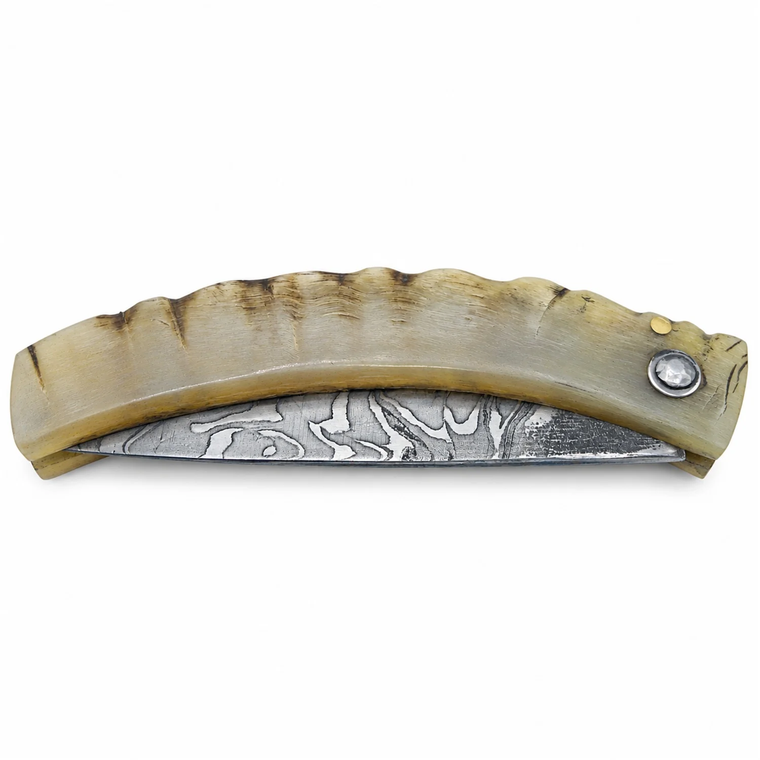 Coltello corso artigianale Manu Padovani – damasco e corno di pecora, 98 mm