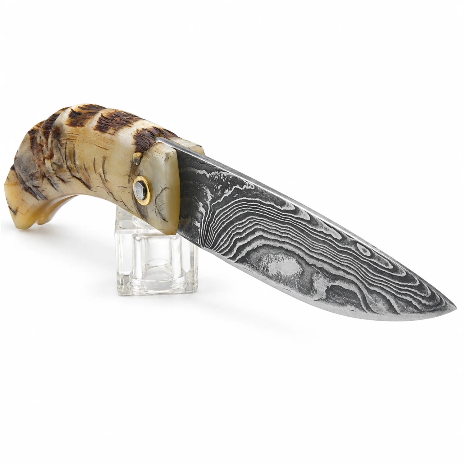 Handcrafted Corsican knife by Manu Padovani – Damascus and raw tricolour horn
